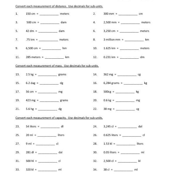 Eighth Grade Converting Metric Units Worksheet 05 â One Page